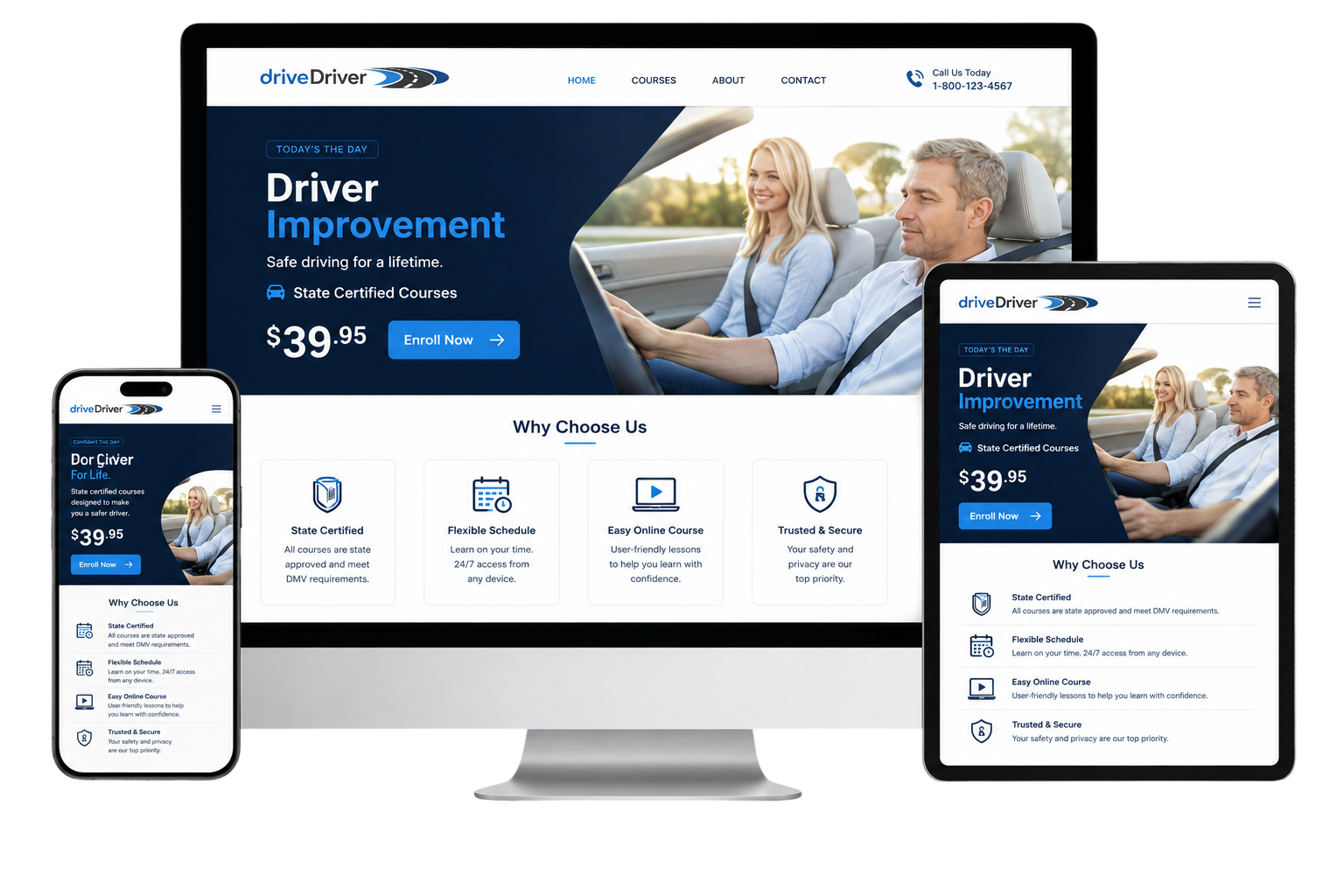 Online course on laptop, tablet, and phone